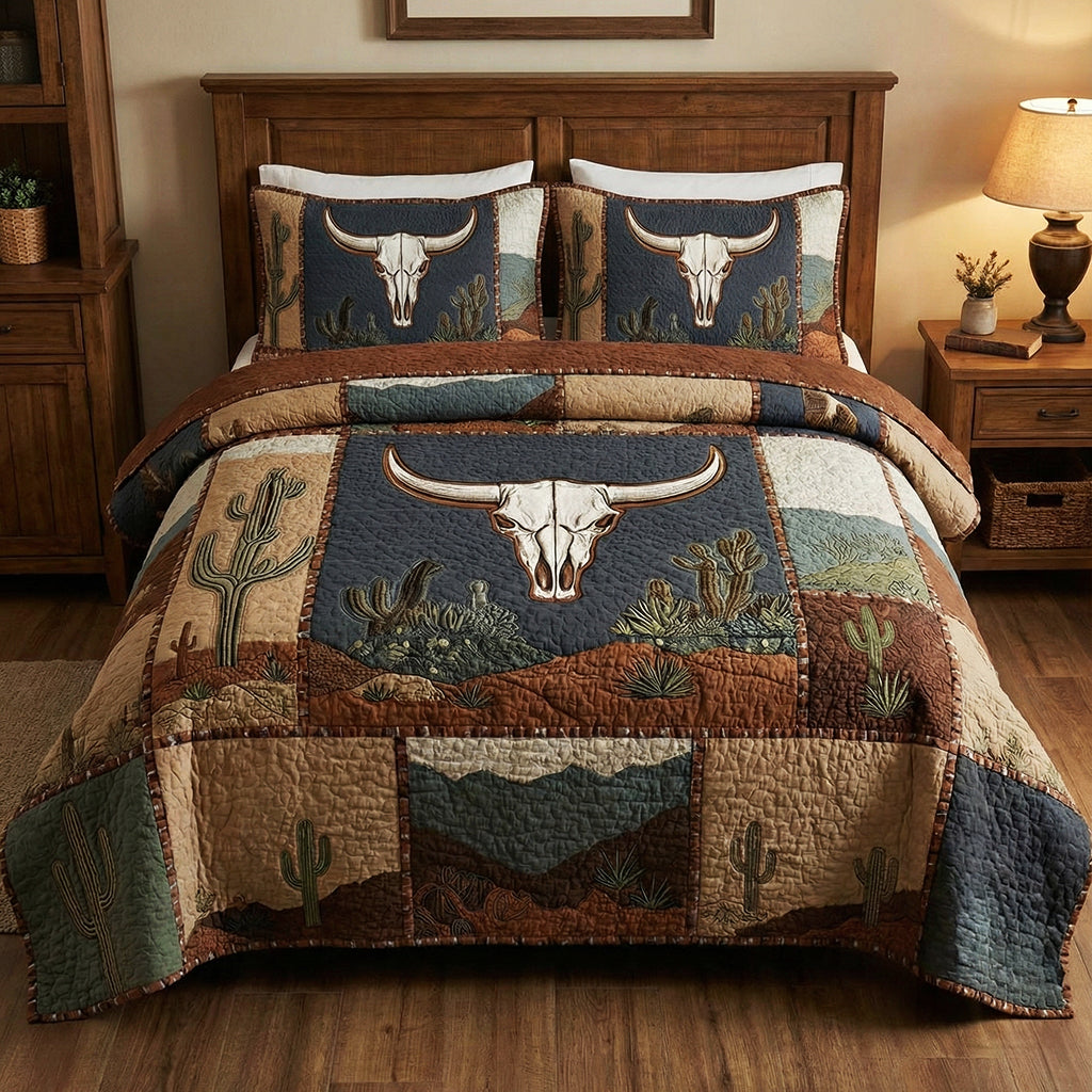 Sagebrush Longhorn Desert 3-Piece Quilted Bedding Set - Single (59" x 70")