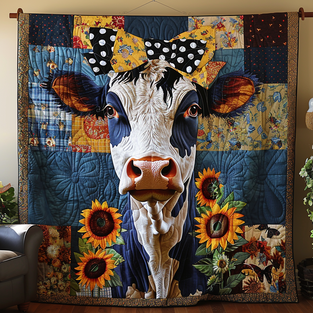 Genteel Sunflower Cow Quilted Blanket - Throw (55" x 60")