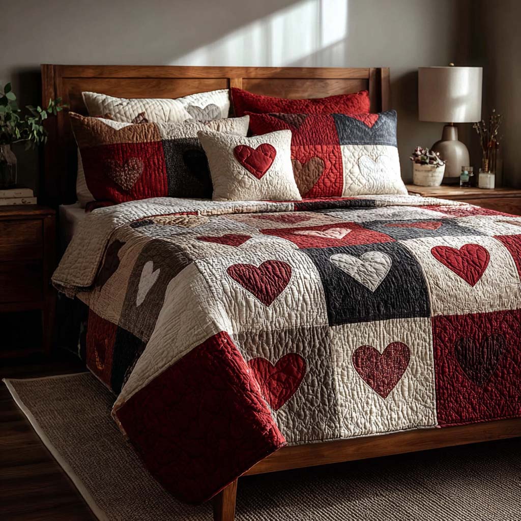 Gentle Hearts 3-Piece Quilted Bedding Set - Single (59" x 70")