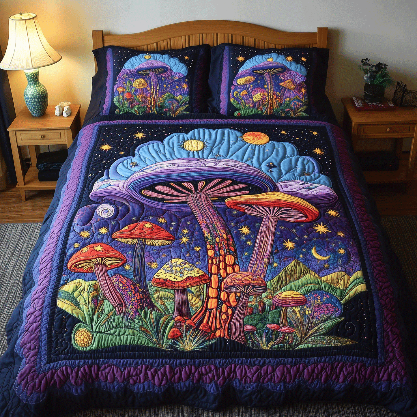 Glimmering Mushroom 3-Piece Quilted Bedding Set - Single (59" x 70")
