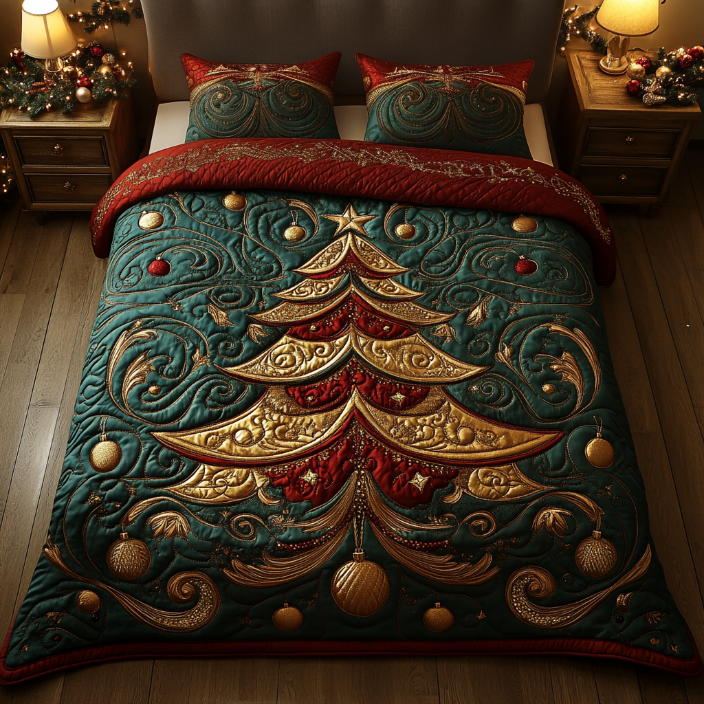 Glowing Holiday Spruce Quilted Bedding Set - Single (59" x 70")