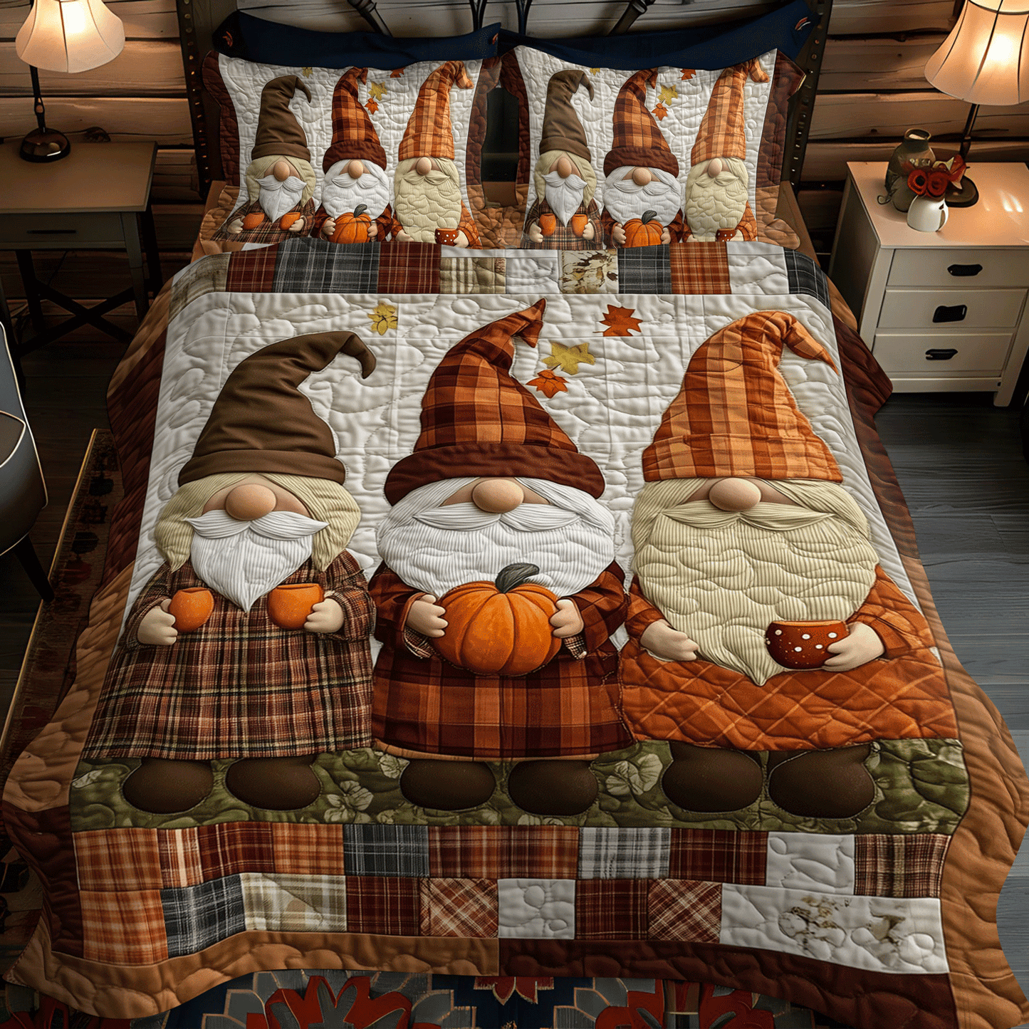Gnome Pumpkin Parade 3-Piece Quilted Bedding Set - Single (59" x 70")