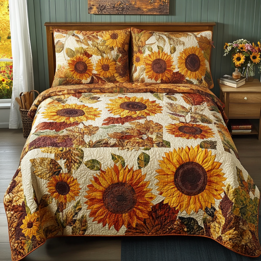 Golden Bloom 3-Piece Quilted Bedding Set - Single (59" x 70")