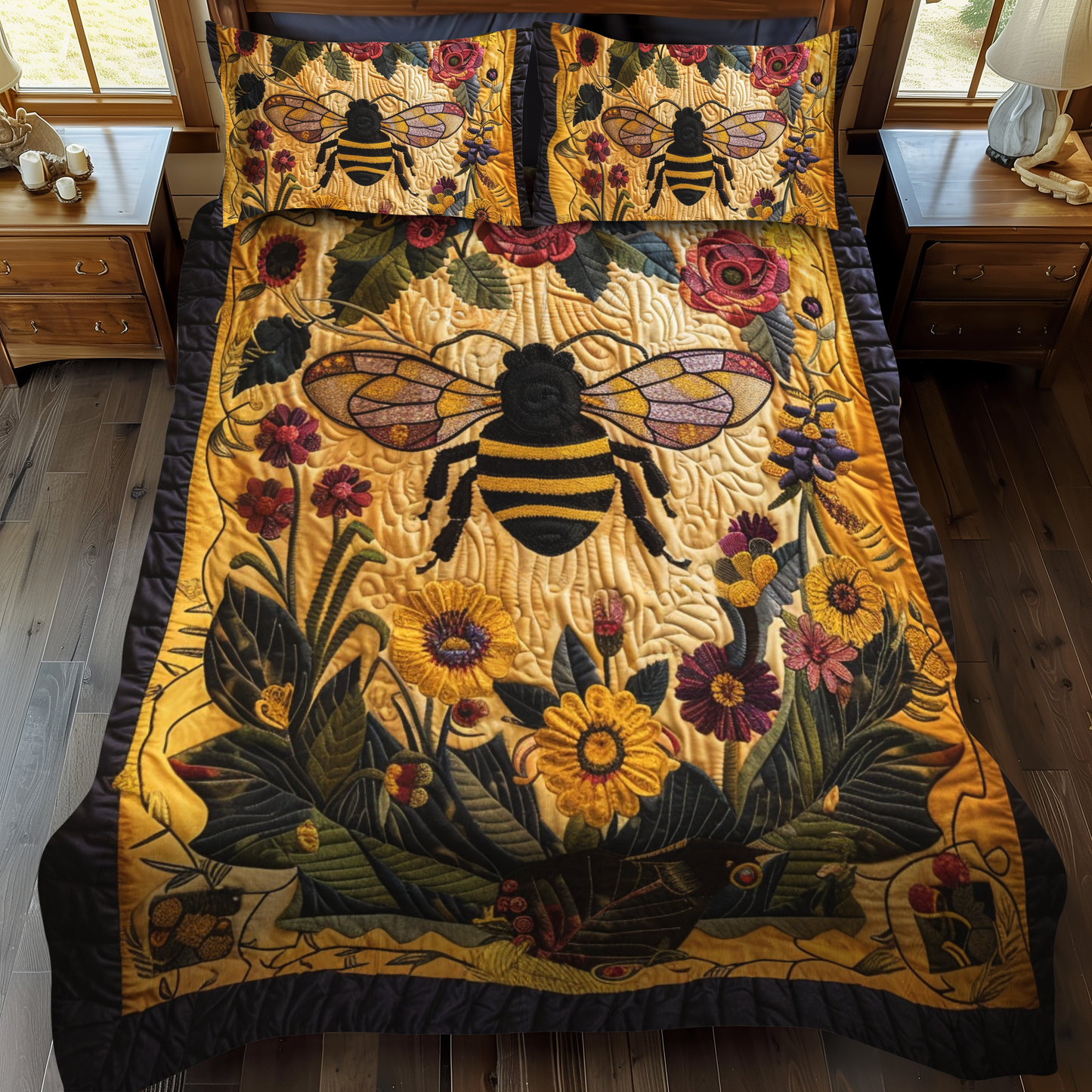 Golden Nectar Haven 3-Piece Quilted Bedding Set - Single (59" x 70")