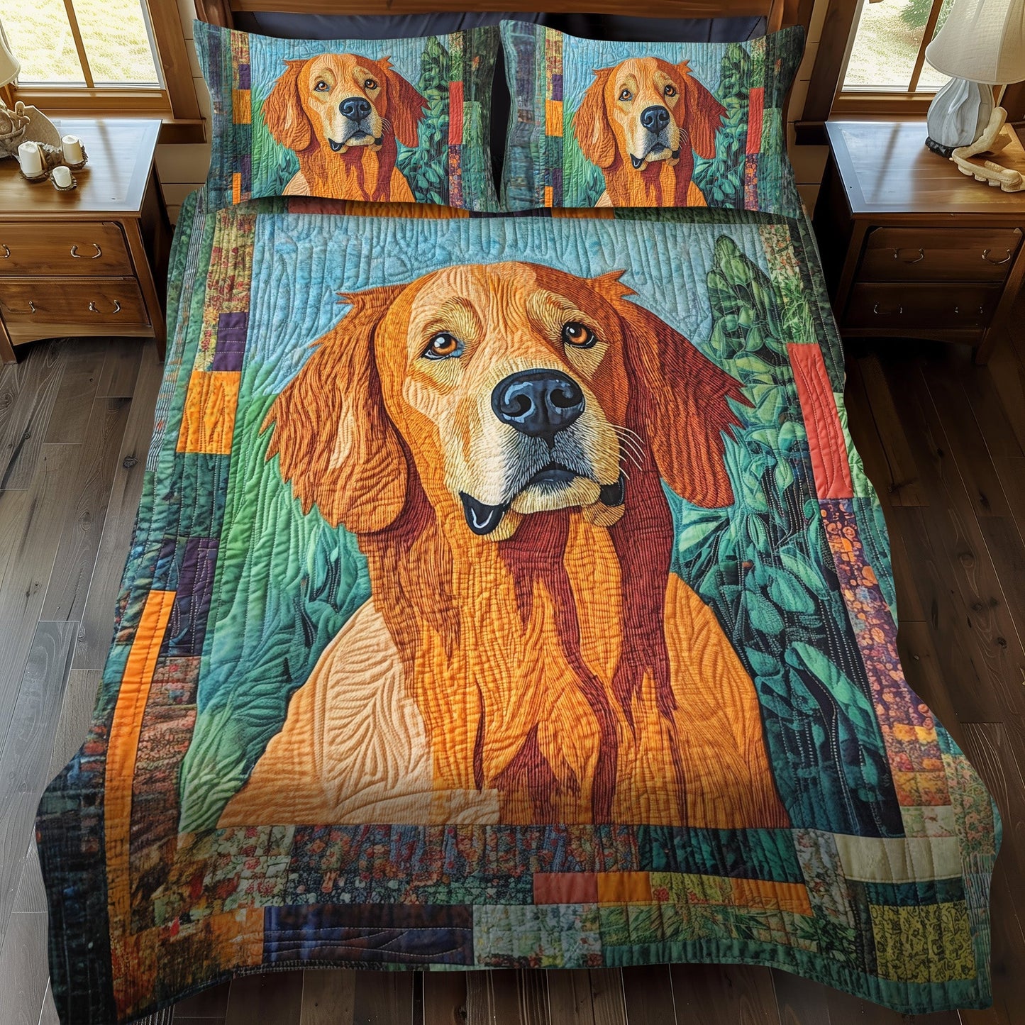 Golden Retriever in the Garden 3-Piece Quilted Bedding Set - Single (59" x 70")