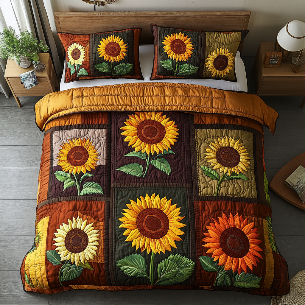 Golden Bloom 3-Piece Quilted Bedding Set - Single (59" x 70")