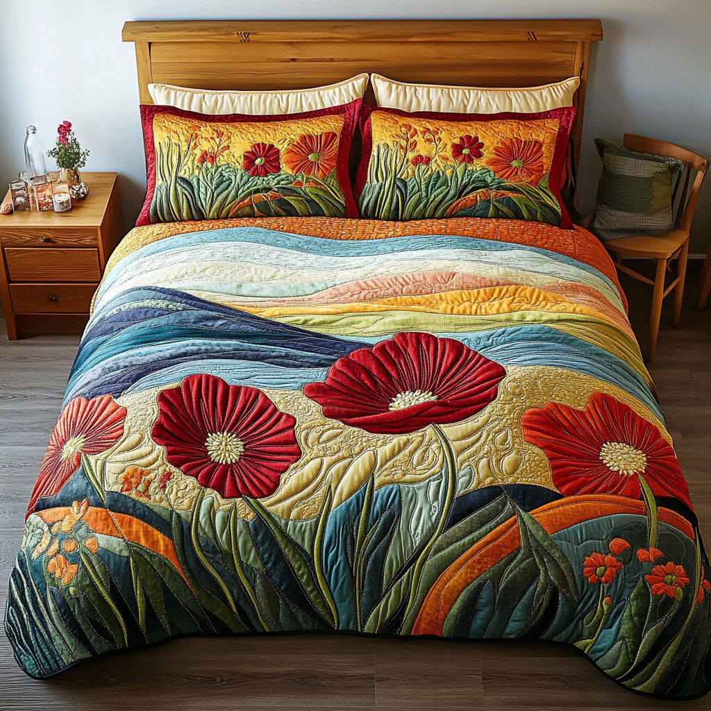 Golden Bloom 3-Piece Quilted Bedding Set - Single (59" x 70")