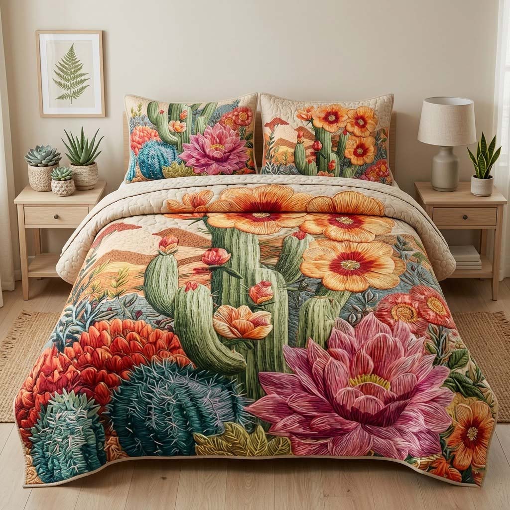 Golden Cactus 3-Piece Quilted Bedding Set - Single (59" x 70")