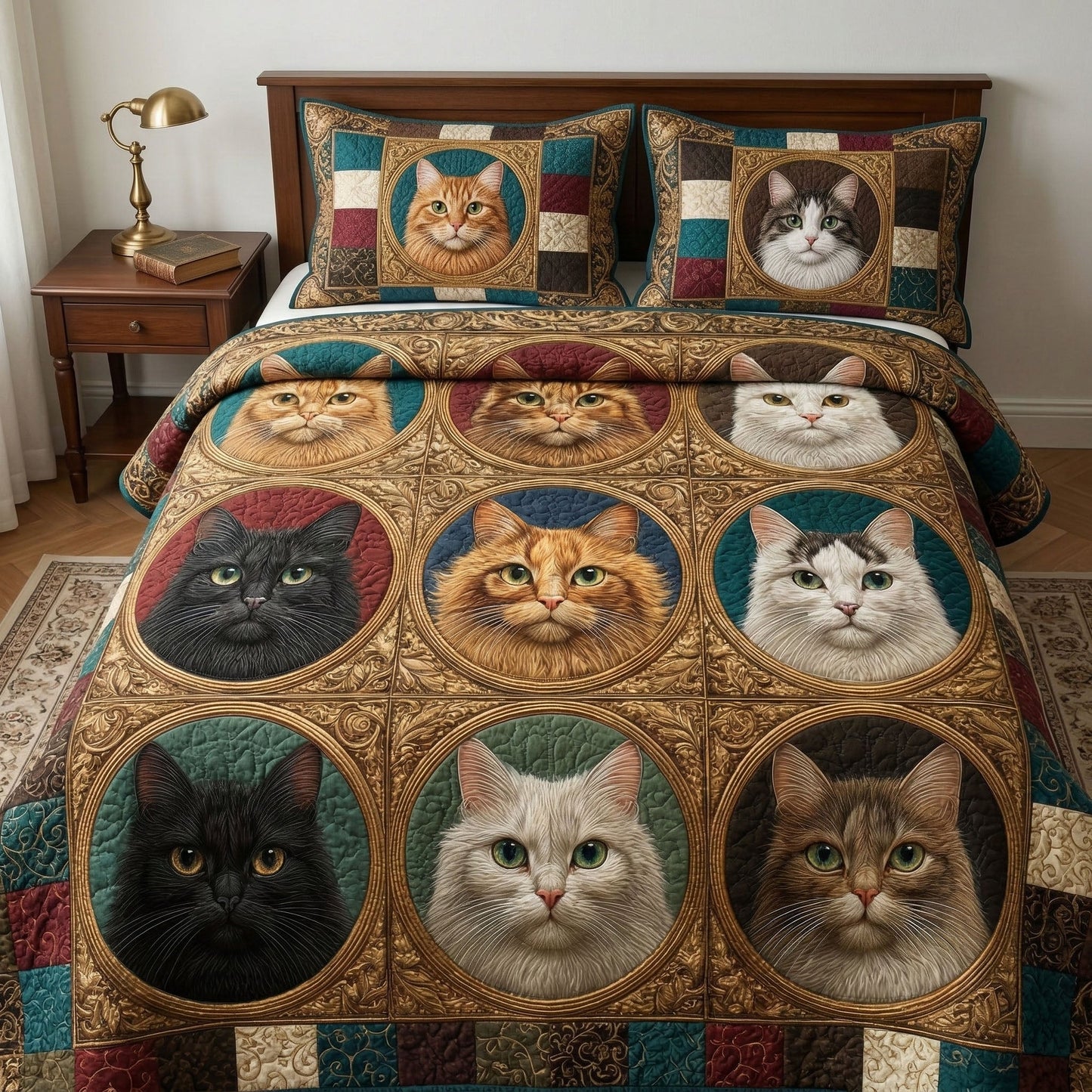 Golden Cat Portraits 3-Piece Quilted Bedding Set - Single (59" x 70")