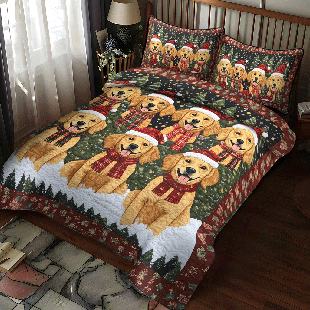 Golden Christmas 3-Piece Quilted Bedding Set - Single (59" x 70")