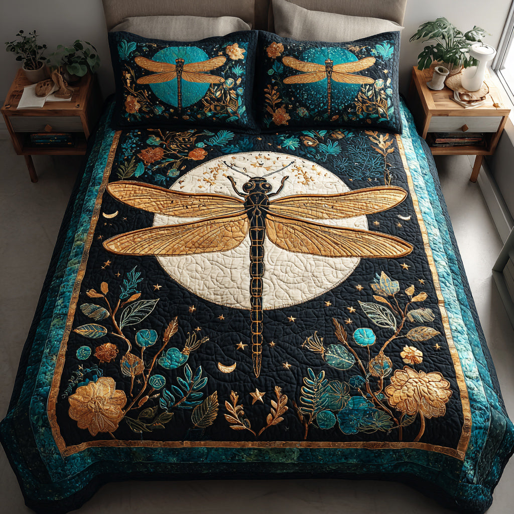 Golden Dragonfly 3-Piece Quilted Bedding Set - Single (59" x 70")