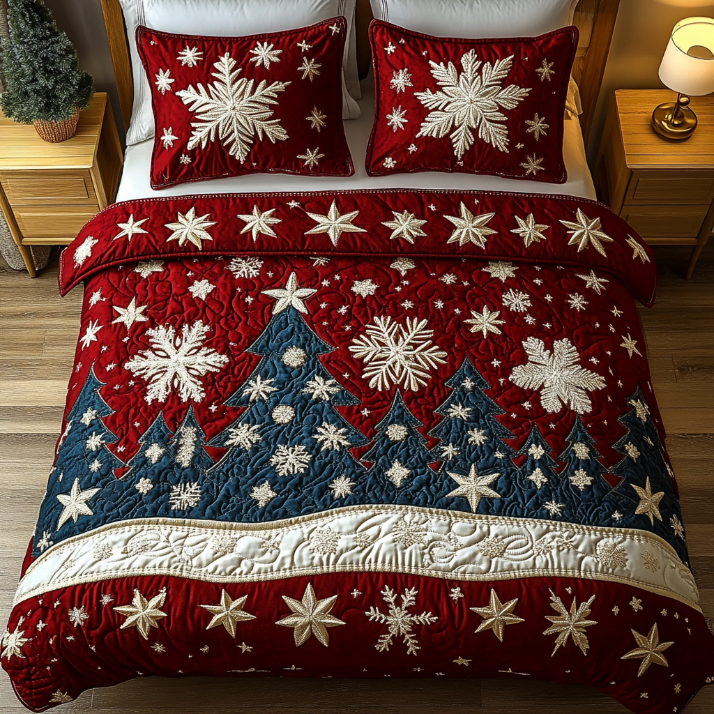 Golden Evergreen Sparkle 3-Piece Quilted Bedding Set - Single (59" x 70")