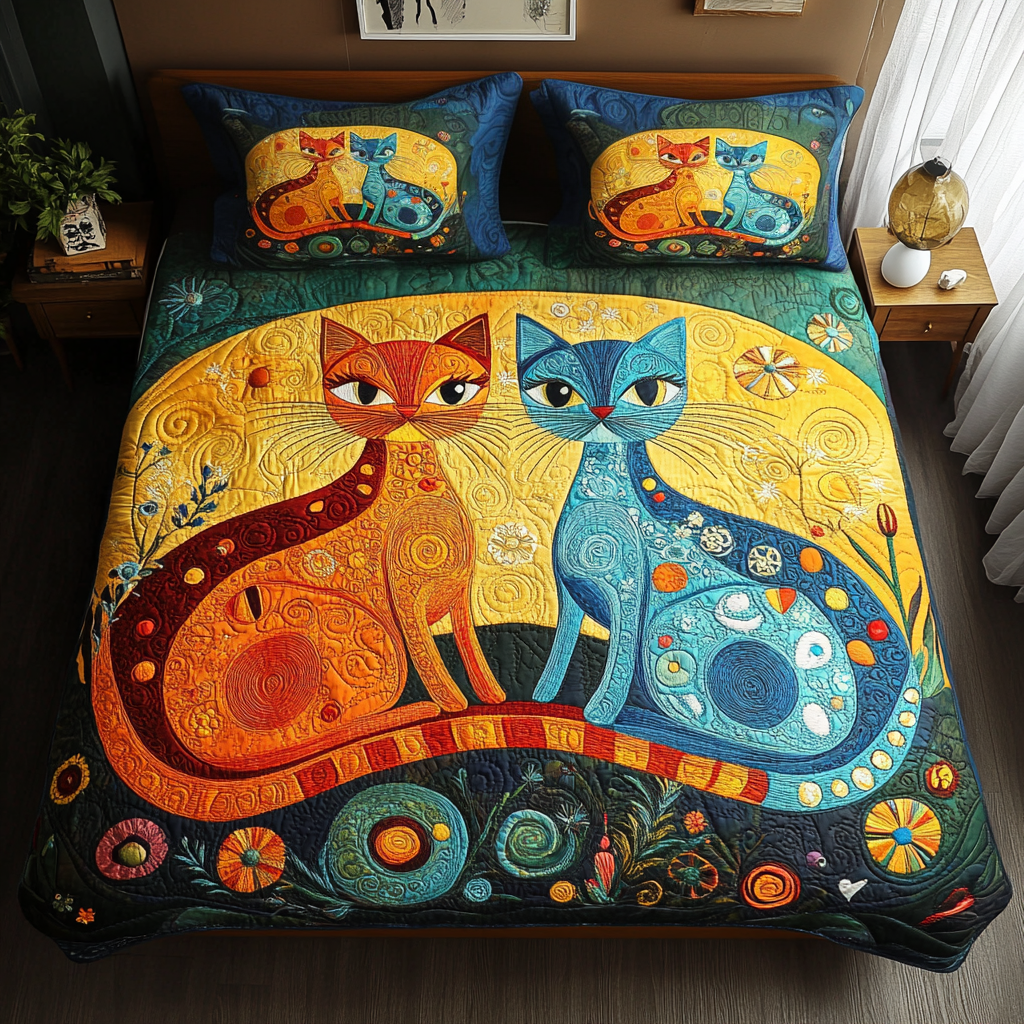 Golden Harmony Cats 3-Piece Quilted Bedding Set - Single (59" x 70")