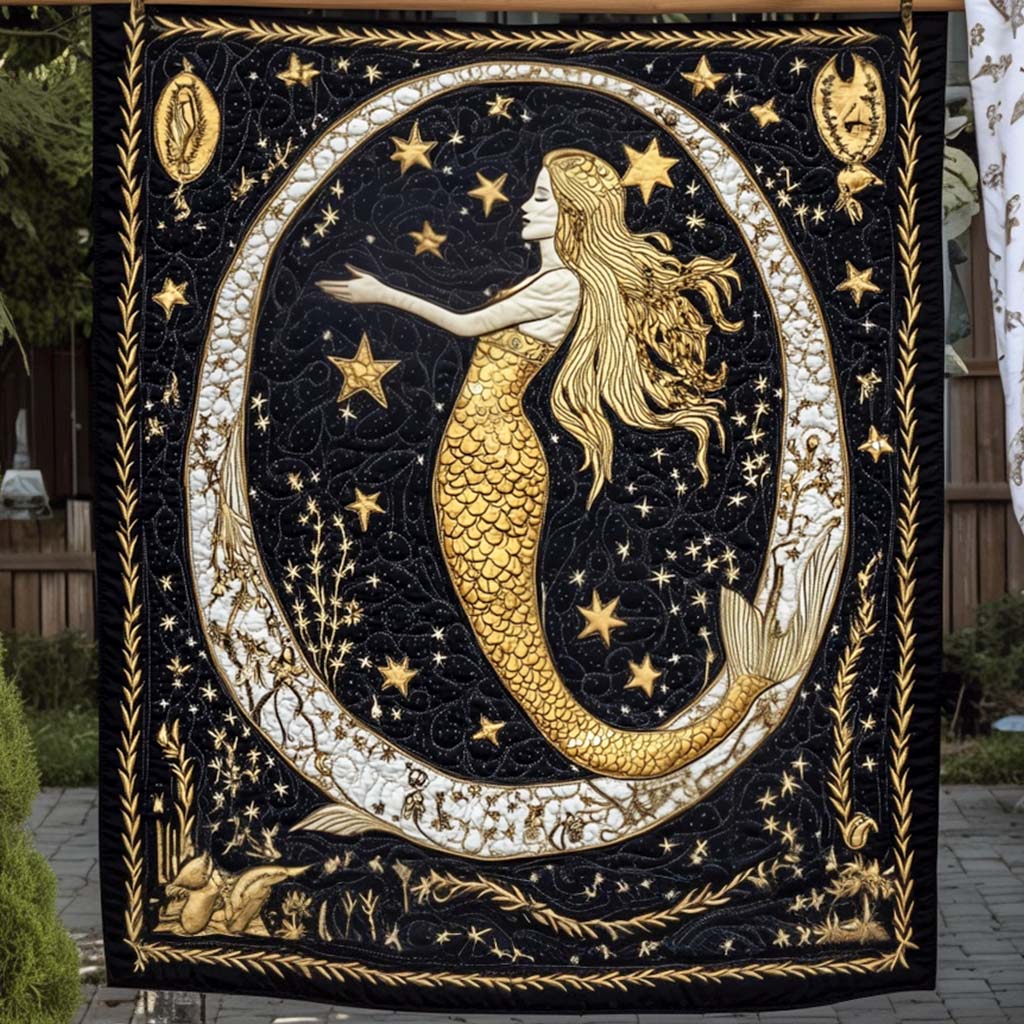 Golden Starry Mermaid Quilted Blanket - Throw (55" x 60")