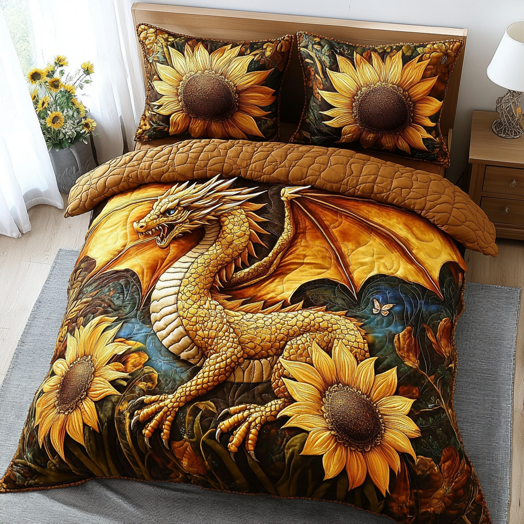 Golden Sunflower Dragon 3-Piece Quilted Bedding Set - Single (59" x 70")