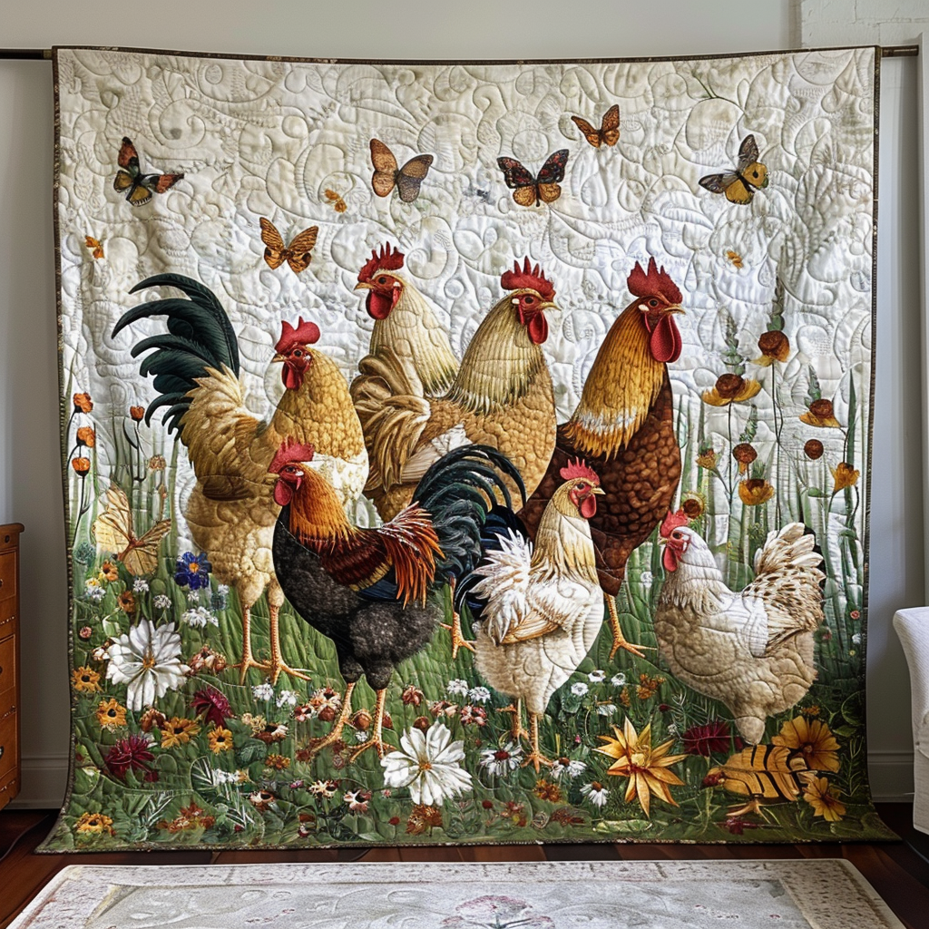 Green Meadow Chicken Quilted Blanket - Throw (55" x 60")