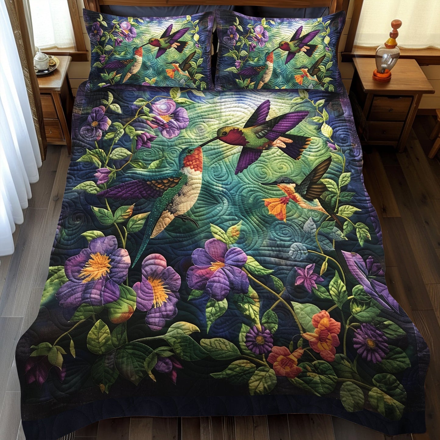Hummingbird Kiss 3-Piece Quilted Bedding Set - Single (59" x 70")