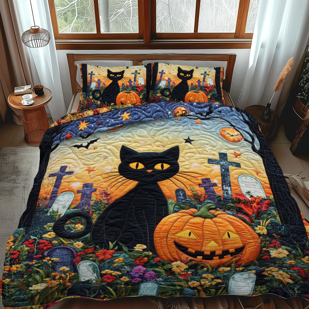 Halloween Black Cat 3-Piece Quilted Bedding Set - Single (59" x 70")