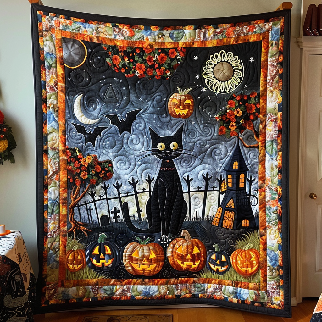 Halloween Black Cat Quilted Blanket - Throw (55" x 60")
