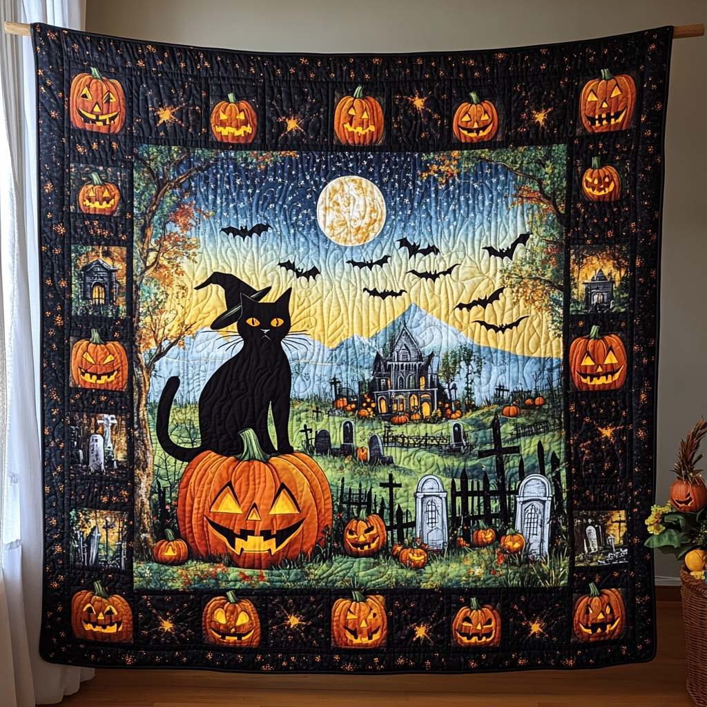 Halloween Black Cat Quilted Blanket - Throw (55" x 60")