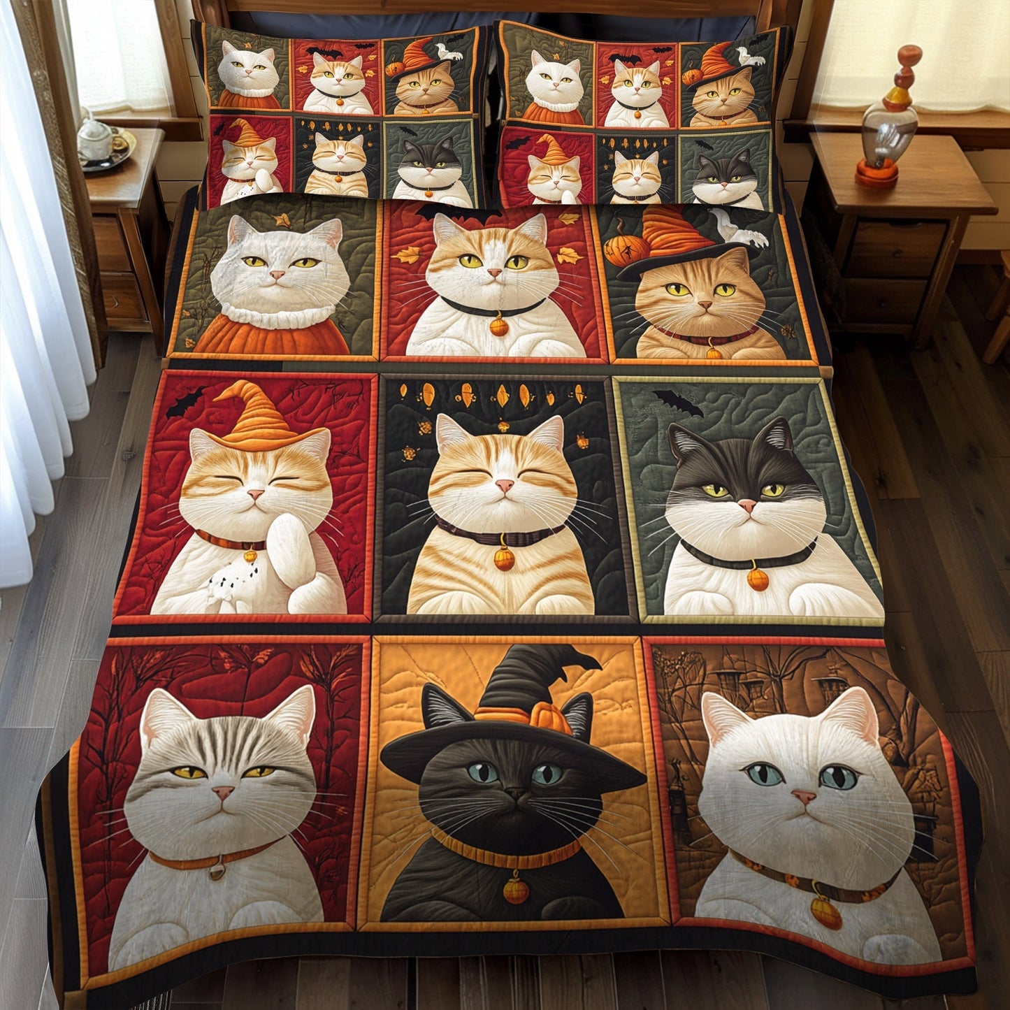 Halloween Cat Magic 3-Piece Quilted Bedding Set - Single (59" x 70")