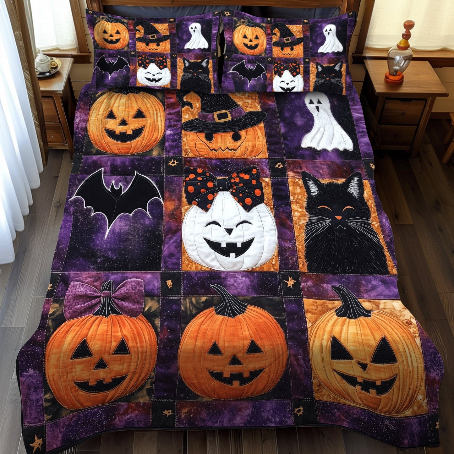 Halloween Night Purr 3-Piece Quilted Bedding Set - Single (59" x 70")