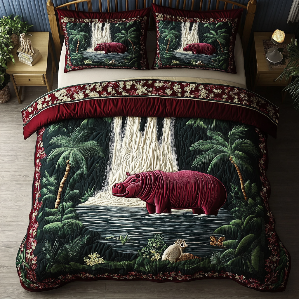 Happy Hippo 3-Piece Quilted Bedding Set - Single (59" x 70")