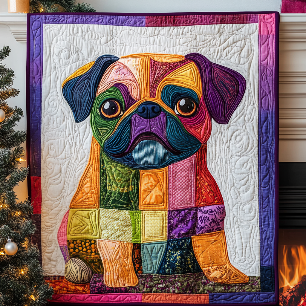 Happy Pug Quilted Blanket - Throw (55" x 60")