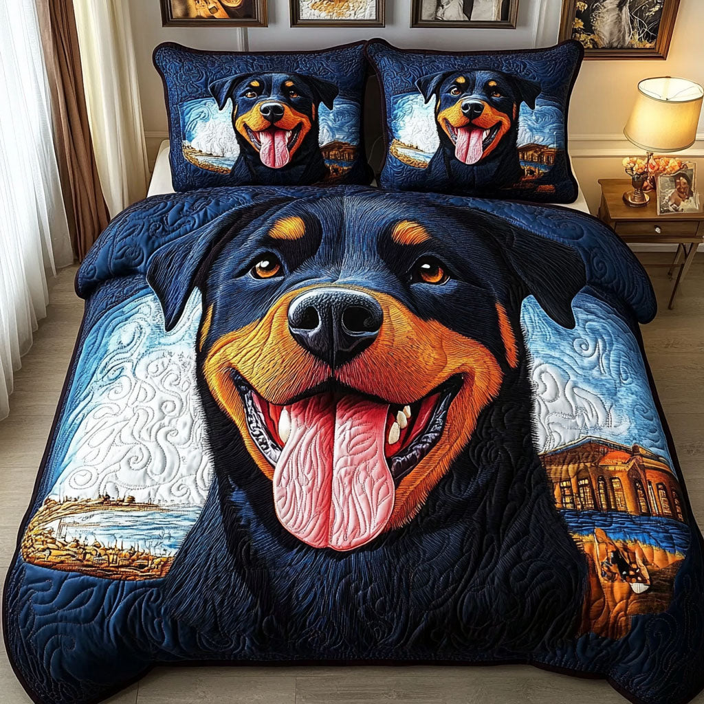 Happy Rottie 3-Piece Quilted Bedding Set - Single (59" x 70")