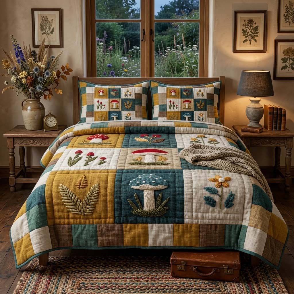 Harvest Mushroom 3-Piece Quilted Bedding Set - Single (59" x 70")