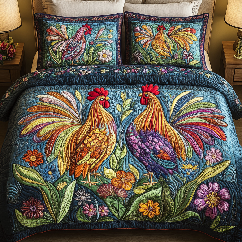 Harvest Roosters 3-Piece Quilted Bedding Set - Single (59" x 70")