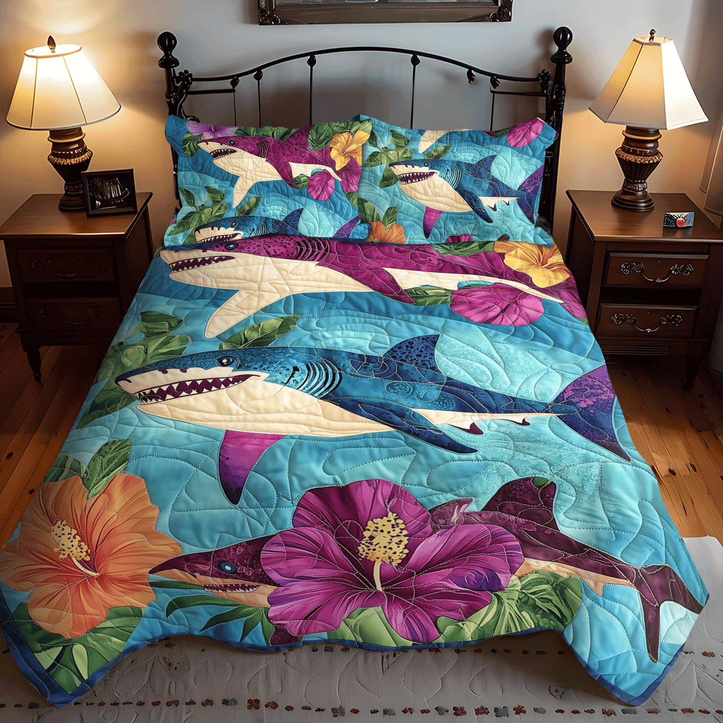 Hawaiian Shark Quilted Bedding Set - Single (59" x 70")
