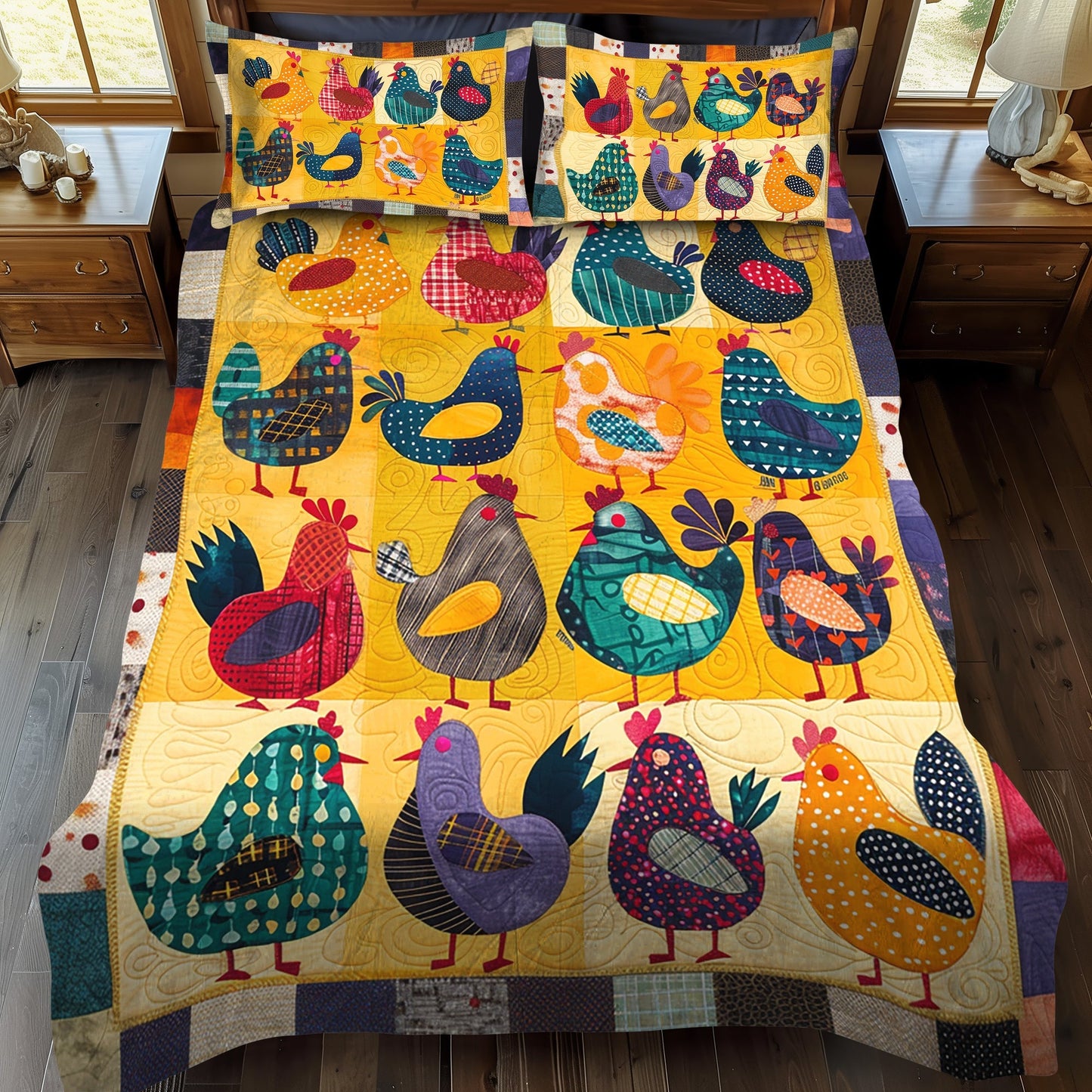Hens Collection 3-Piece Quilted Bedding Set - Single (59" x 70")