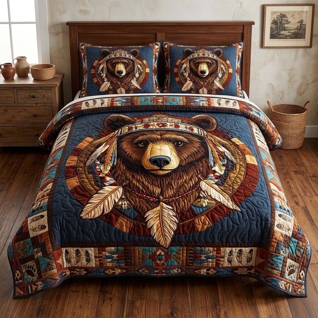 Heritage Bear Feather 3-Piece Quilted Bedding Set - Single (59" x 70")