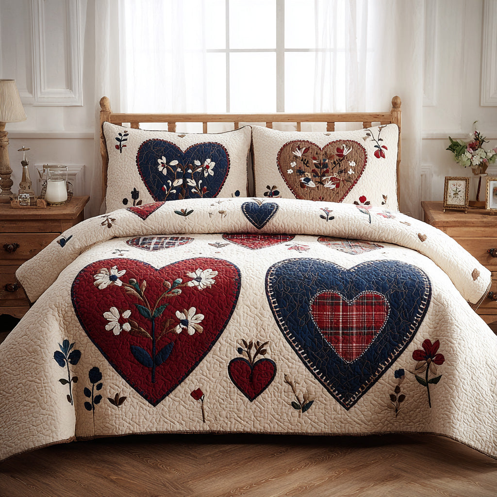Heritage Heart Charm 3-Piece Quilted Bedding Set - Single (59" x 70")