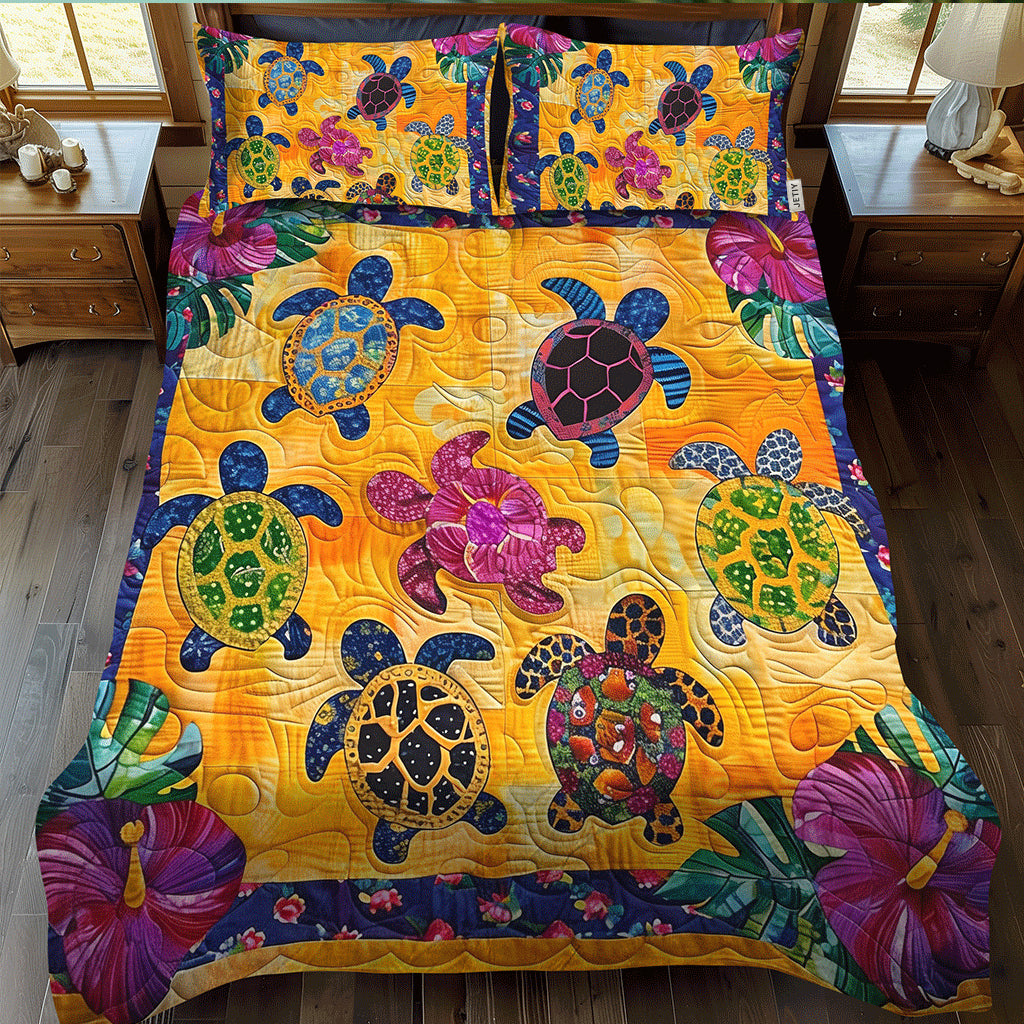 Hibiscus Turtle 3-Piece Quilted Bedding Set - Single (59" x 70")