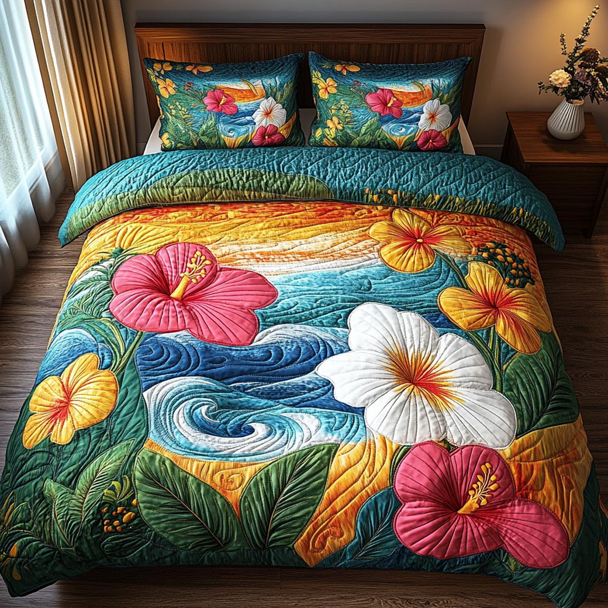 Hibiscus Breeze 3-Piece Quilted Bedding Set - Single (59" x 70")