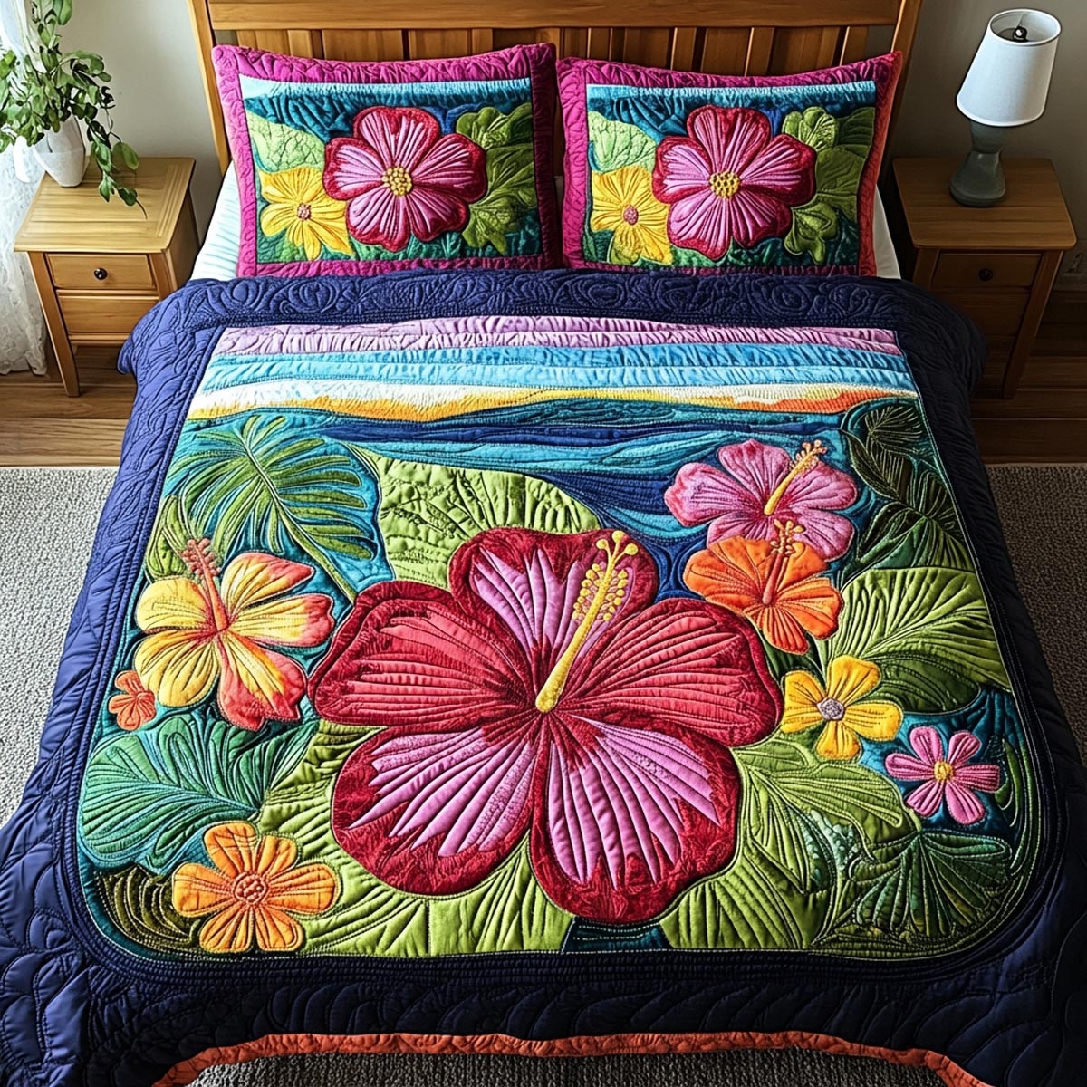 Hibiscus Garden 3-Piece Quilted Bedding Set - Single (59" x 70")