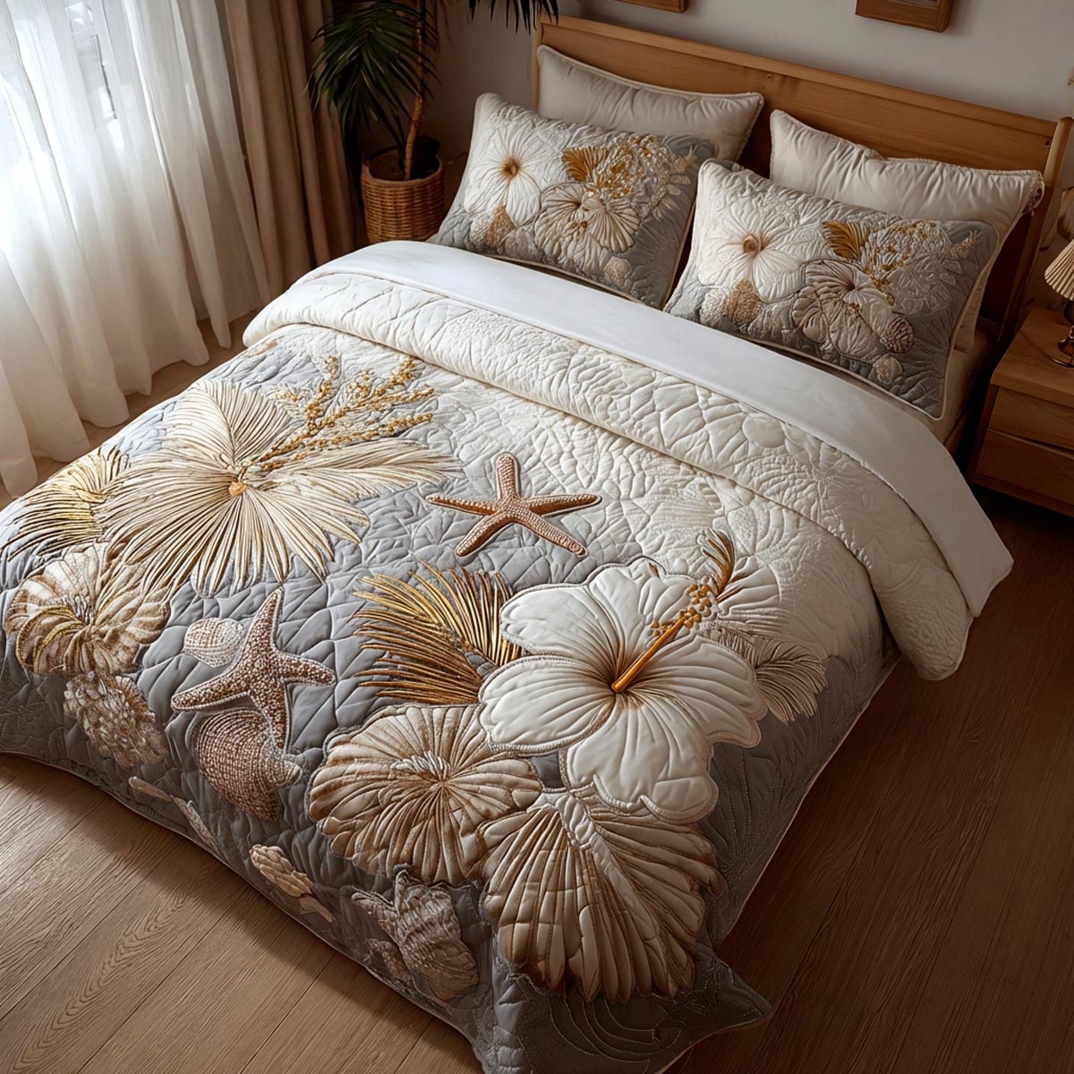 Hibiscus Glow 3-Piece Quilted Bedding Set - Single (59" x 70")
