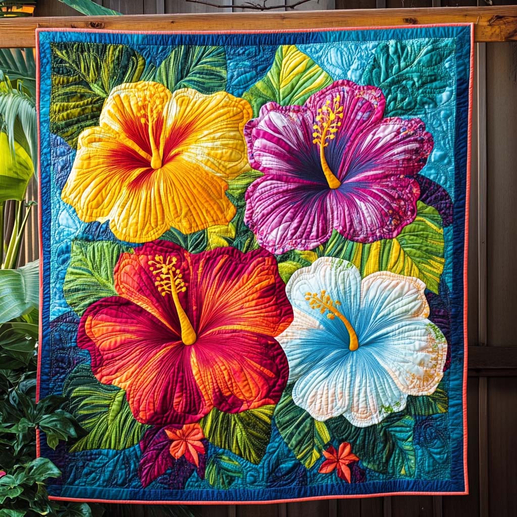 Hibiscus Harmony Quilted Blanket - Throw (55" x 60")