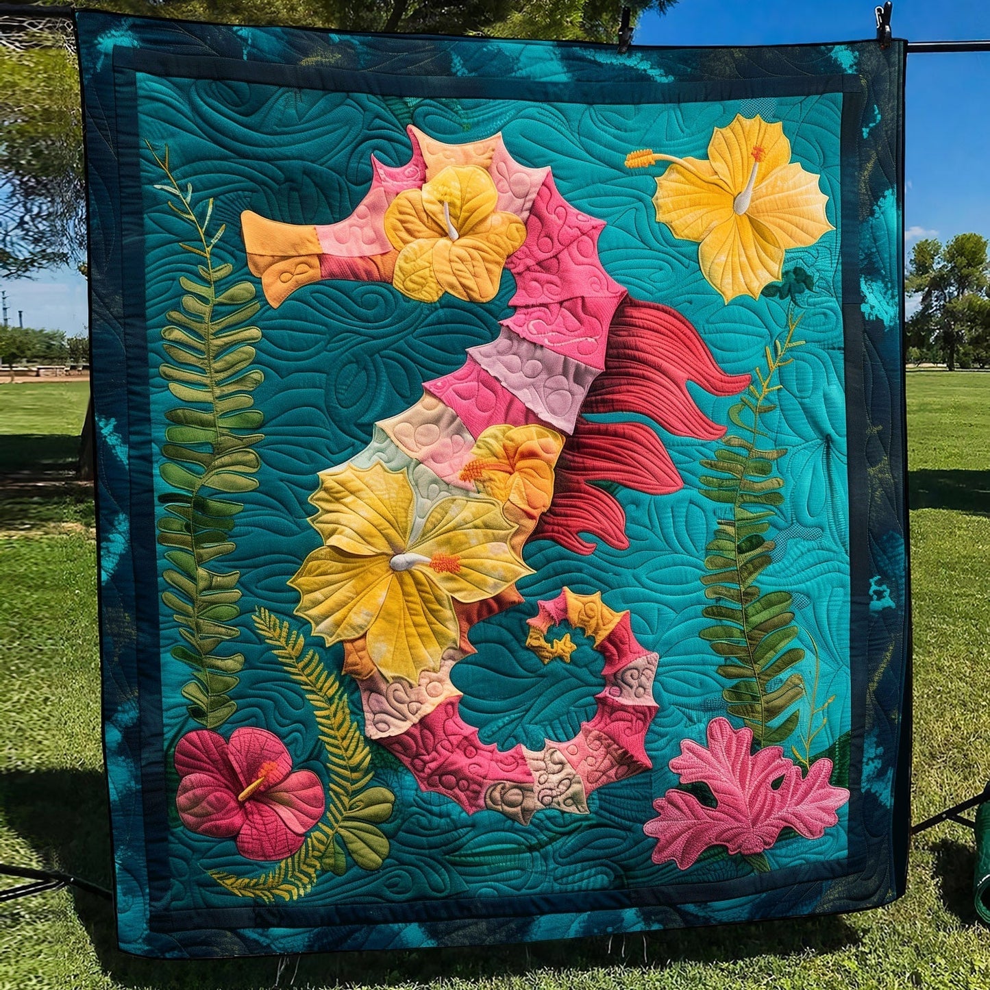 Hibiscus Seahorse Quilted Blanket - Throw (55" x 60")