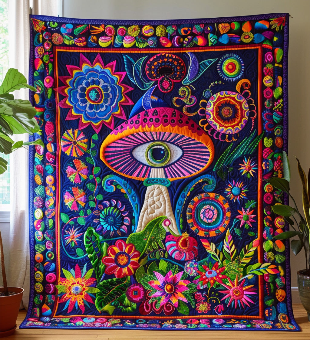 Hippie Shroom Haven Quilted Blanket - Throw (55" x 60")