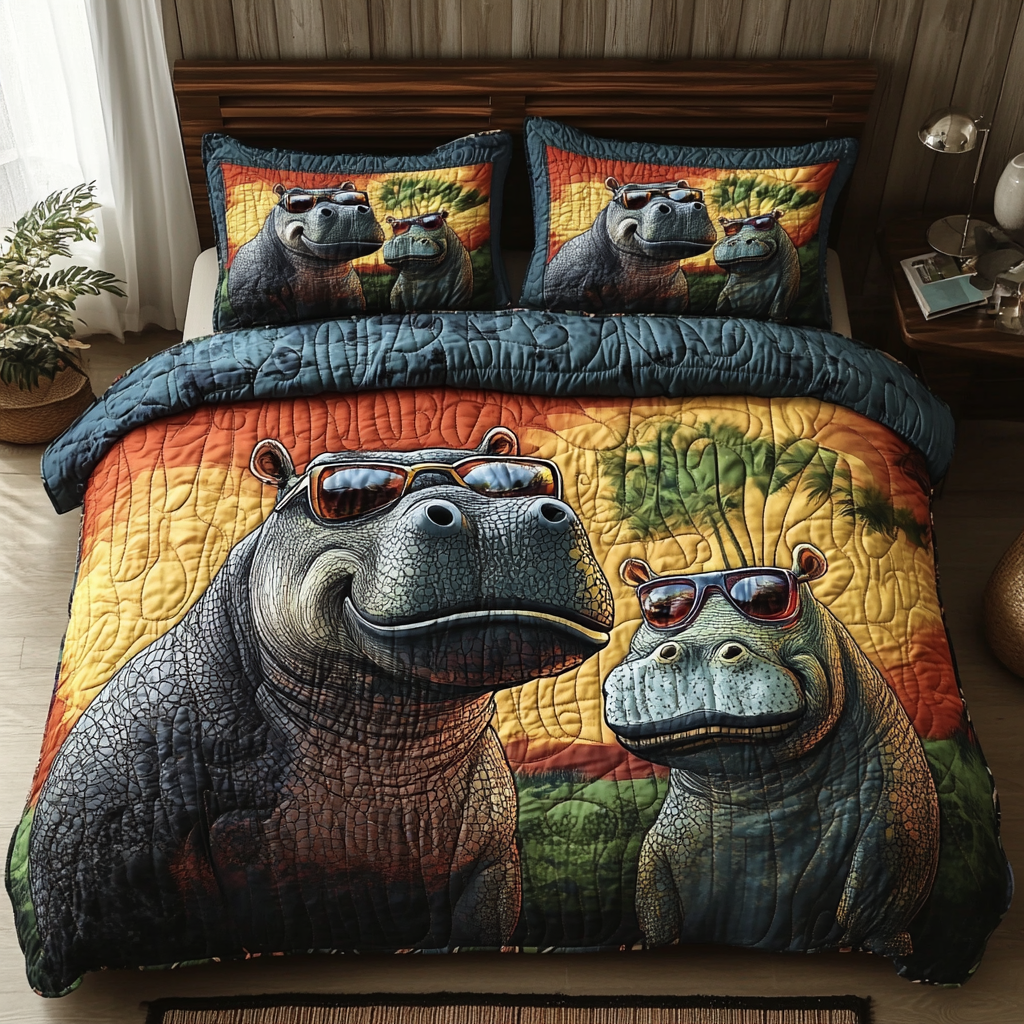 Hippo Splash Quilted Bedding Set - Single (59" x 70")