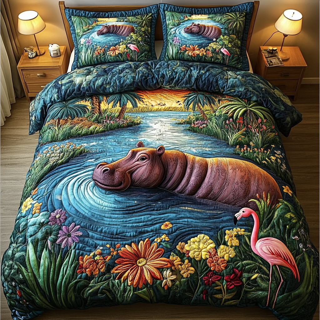 Hippo Harmony 3-Piece Quilted Bedding Set - Single (59" x 70")