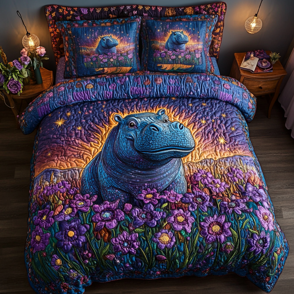 Hippo Haven 3-Piece Quilted Bedding Set - Single (59" x 70")