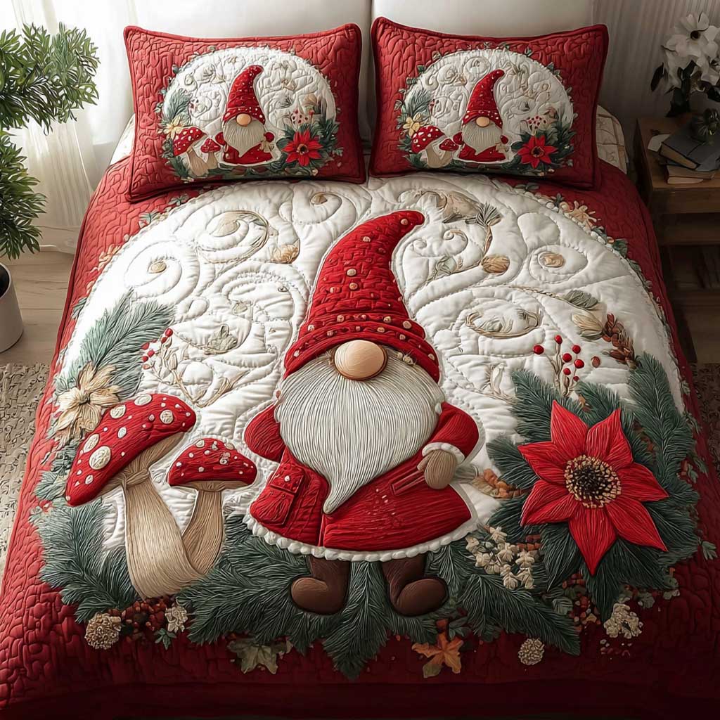 Holiday Gnome Warmth 3-Piece Quilted Bedding Set - Single (59" x 70")