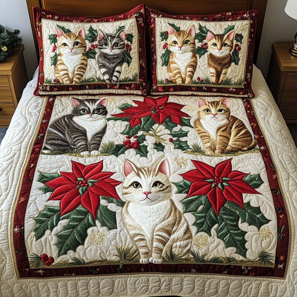 Holly Cheer Cats 3-Piece Quilted Bedding Set - Single (59" x 70")