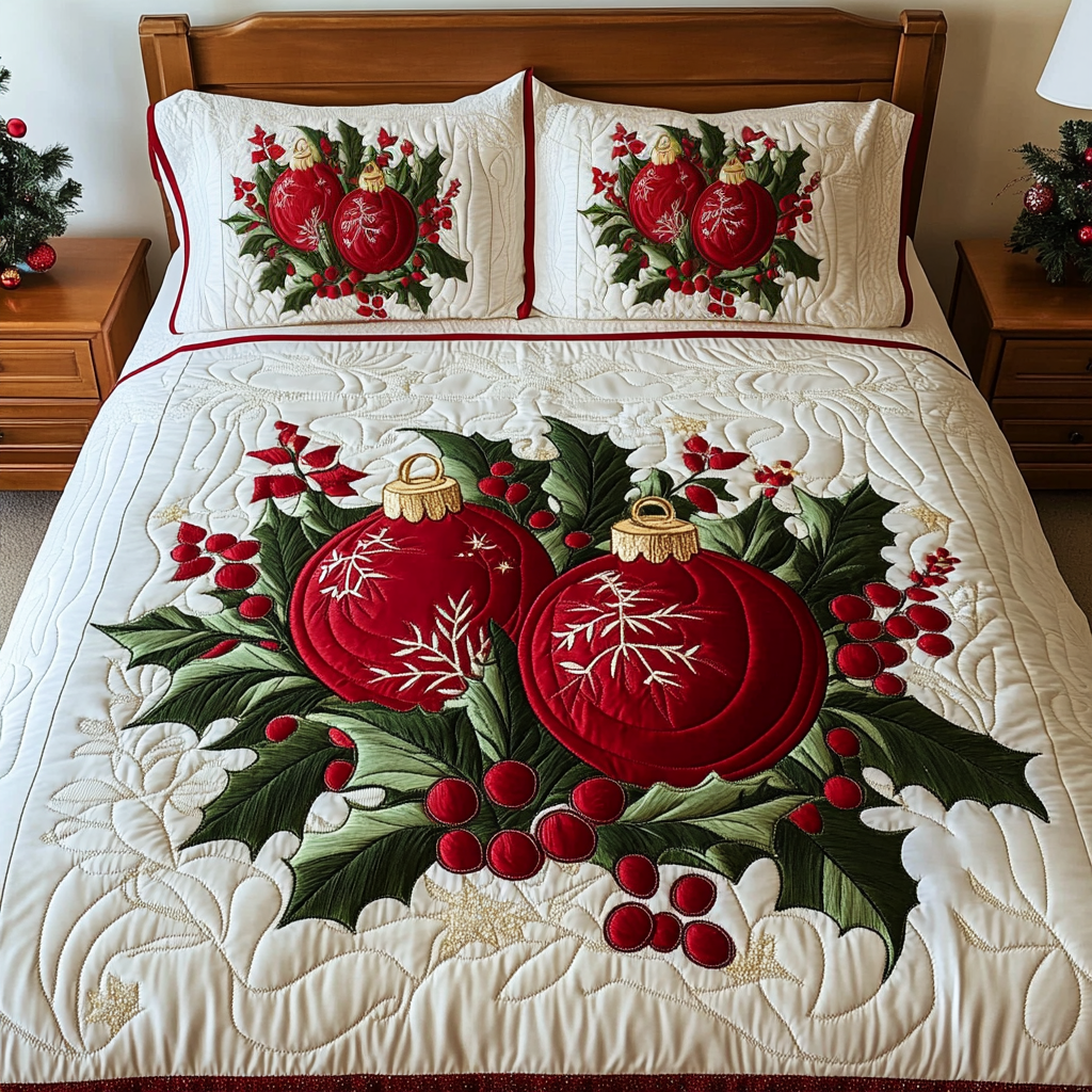 Holly Berry Bliss 3-Piece Quilted Bedding Set - Single (59" x 70")