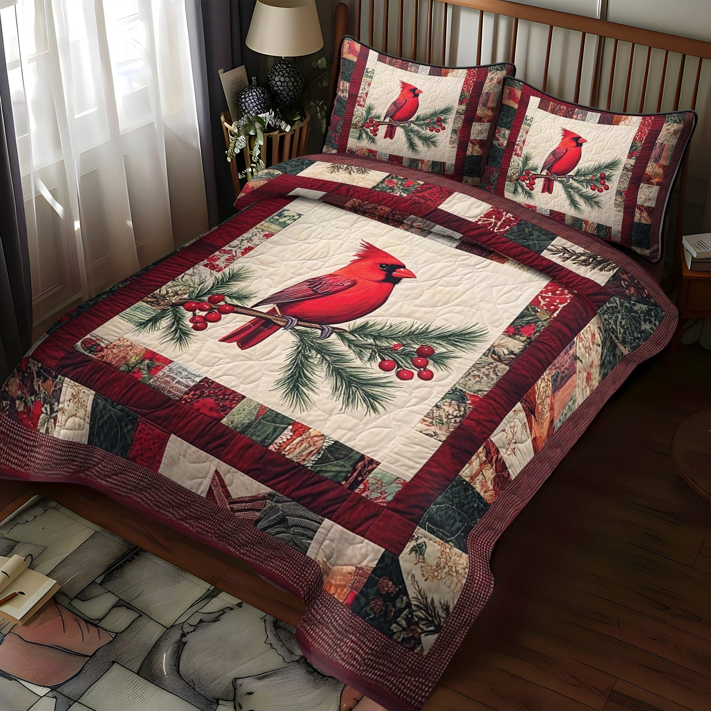 Holly Birds Quilted Bedding Set - Single (59" x 70")