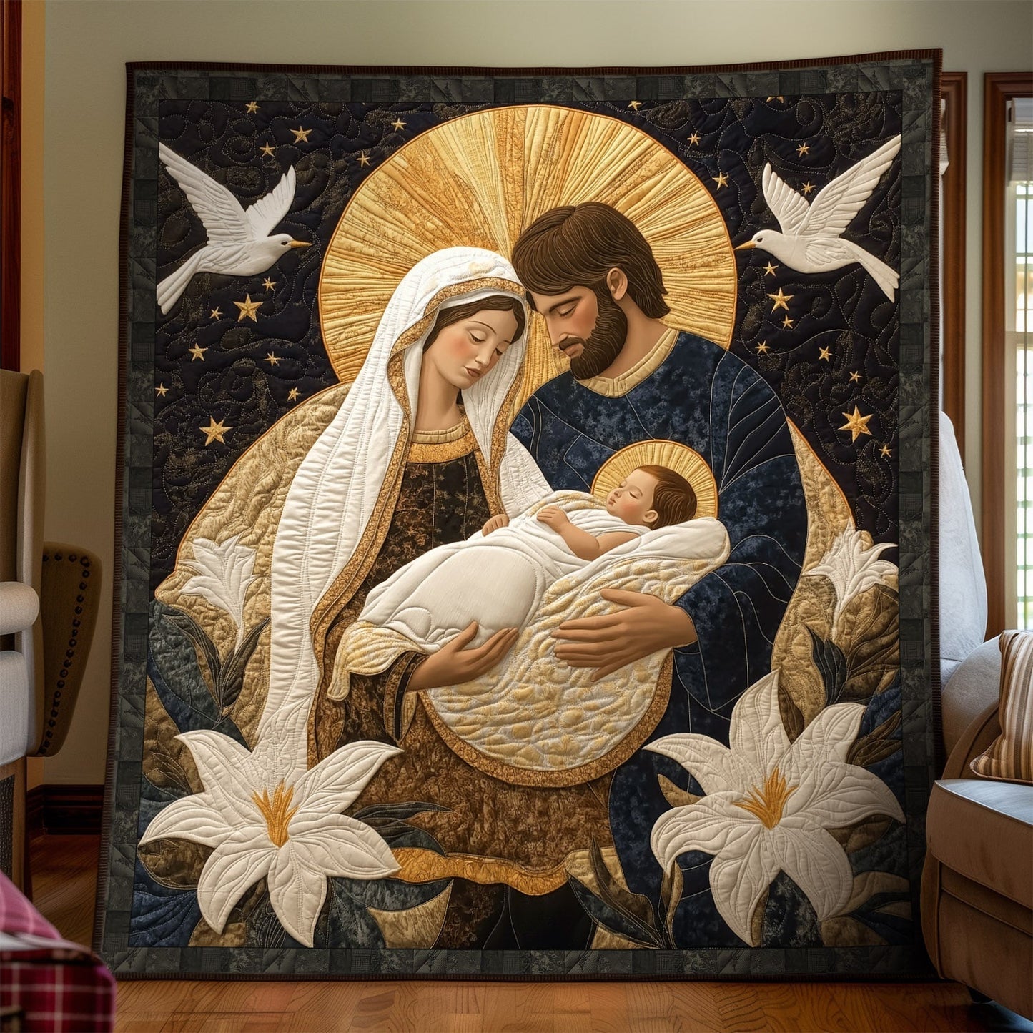 Holy Birth Scene Quilted Blanket - Throw (55" x 60")